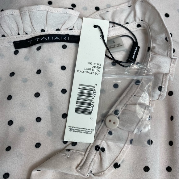 T Tahari Light Blush Spaced Dot Short Sleeve Blouse Size S NWT Ruffle Polka Dot - Picture 14 of 16